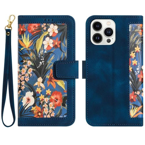 Funda de Cuero iPhone 16 Pro Max Estampado Floral con Cordón (Azul Oscuro)