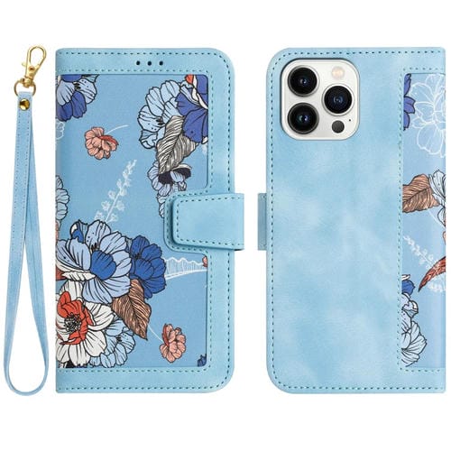 Funda de Cuero para iPhone 16 Pro con Estampado Floral y Cordón (Azul Claro)