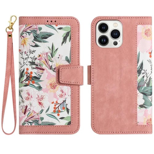 Funda de Cuero con Estampado Floral para iPhone 16 Pro con Cordón (Rosa)