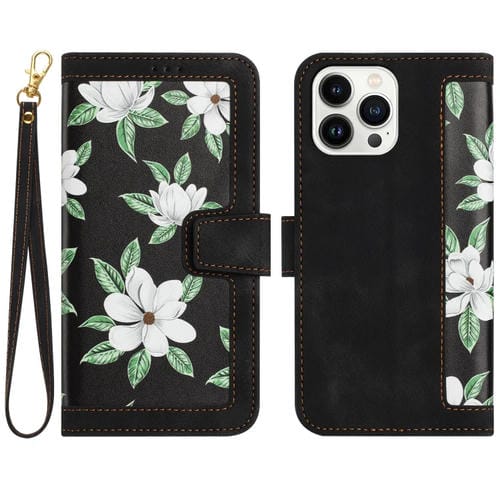 Funda de Cuero para iPhone 16 Pro con Estampado Floral y Cordón (Negro)