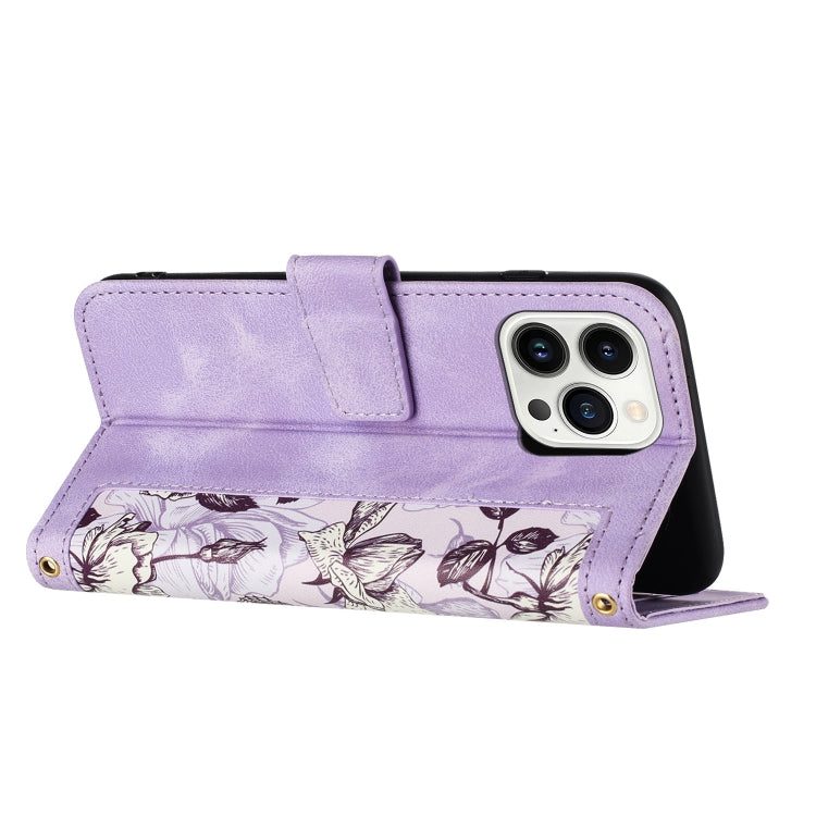 Funda de Cuero para iPhone 15 Pro Max con Estampado Floral y Cordón (Morado Claro)