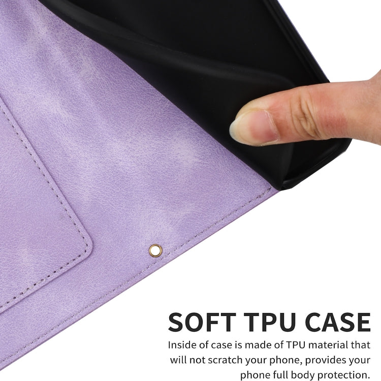 Funda de Cuero para iPhone 15 Pro Max con Estampado Floral y Cordón (Morado Claro)