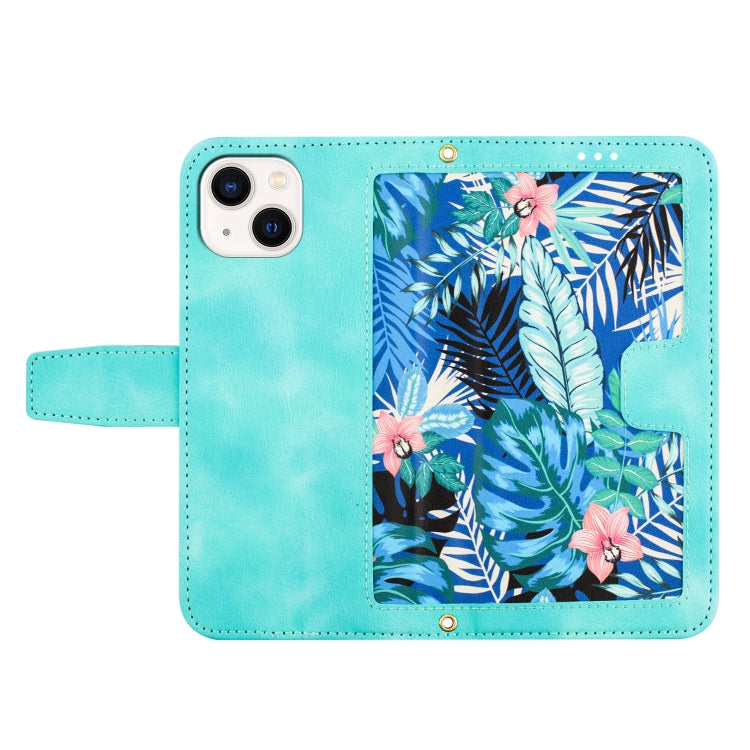 Funda de Cuero para iPhone 15 Plus con Estampado Floral y Cordón (Verde)