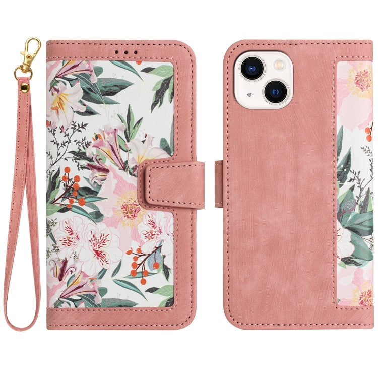 Funda de Cuero para iPhone 15 Plus con Estampado Floral y Cordón (Rosa)