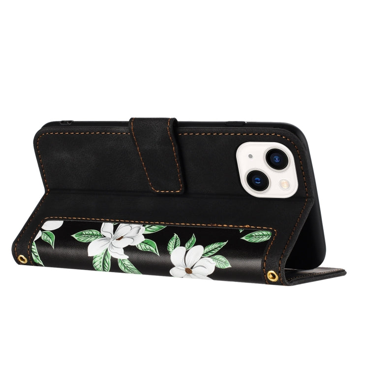 Funda de Piel para iPhone 14 con Estampado Floral y Cordón (Negro)
