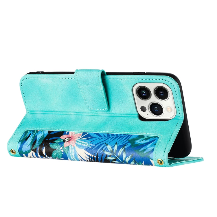 Funda de Cuero para iPhone 14 Pro con Estampado Floral y Cordón (Verde)