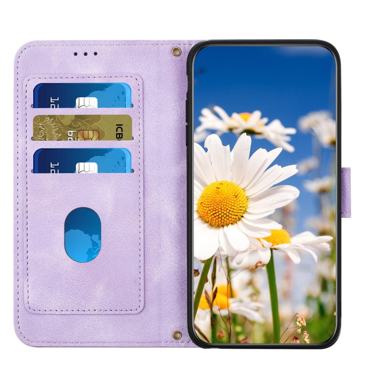 Funda de Cuero para iPhone 14 Pro Estampado Floral con Cordón (Morado Claro)