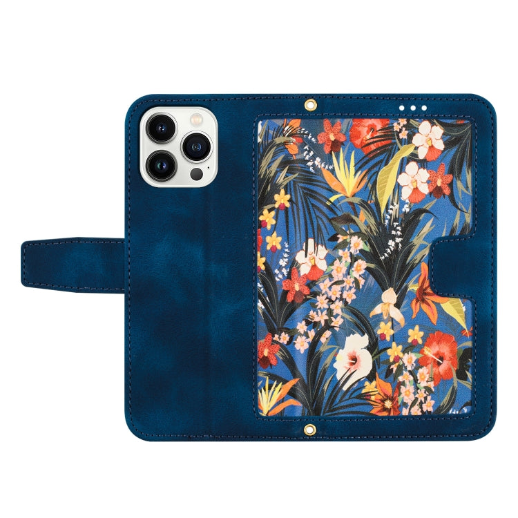 Funda de Cuero iPhone 14 Pro Max Estampado Floral con Cordón (Azul Oscuro)