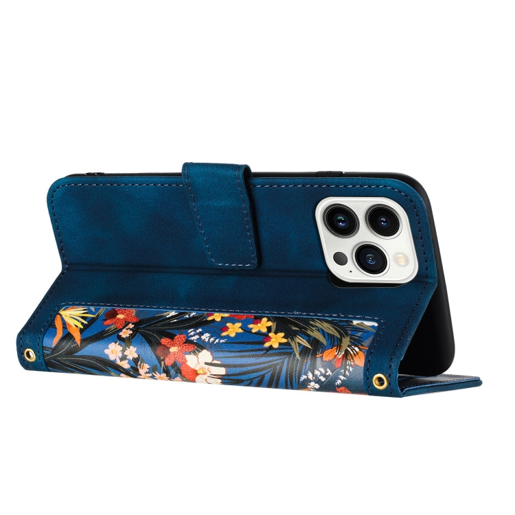 Funda de Cuero iPhone 14 Pro Max Estampado Floral con Cordón (Azul Oscuro)