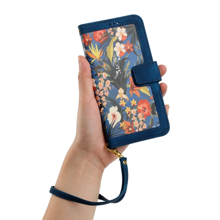 Funda de Cuero iPhone 14 Pro Max Estampado Floral con Cordón (Azul Oscuro)