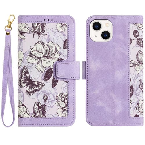Funda de Cuero para iPhone 13 Pro con Estampado Floral y Cordón (Morado Claro)