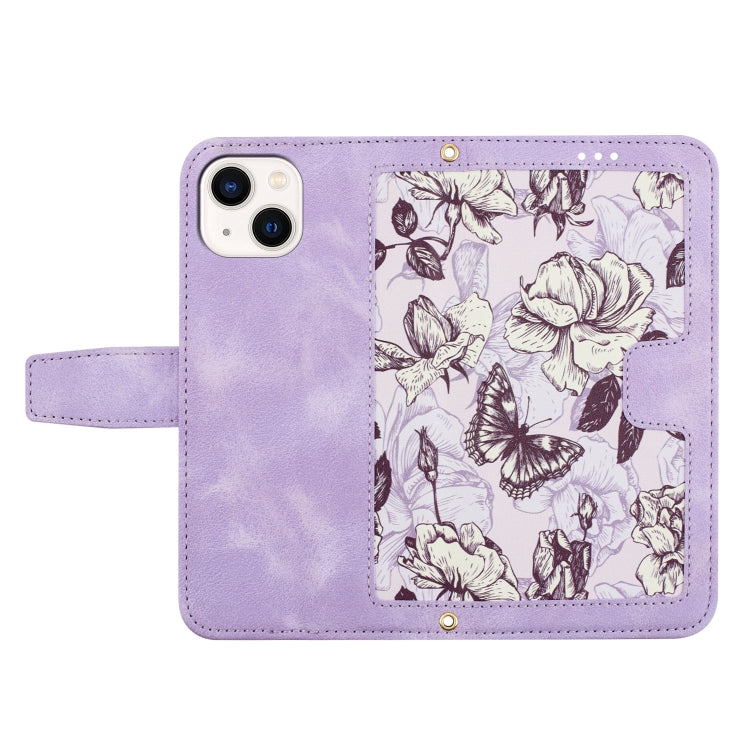 Funda de Cuero para iPhone 13 Pro con Estampado Floral y Cordón (Morado Claro)