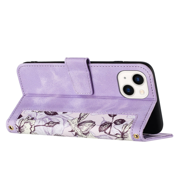 Funda de Cuero para iPhone 13 Pro con Estampado Floral y Cordón (Morado Claro)