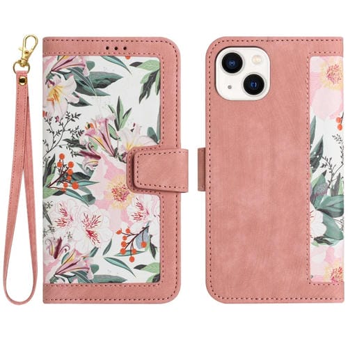 Funda de Cuero con Estampado Floral para iPhone 13 Mini con Cordón (Rosa)