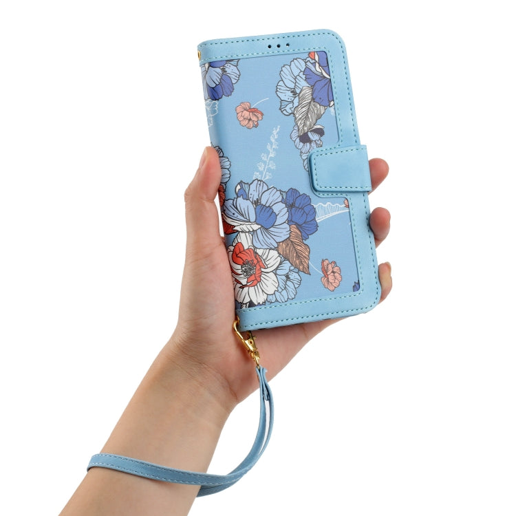 Funda de Cuero iPhone 11 Estampado Floral con Cordón (Azul Claro)