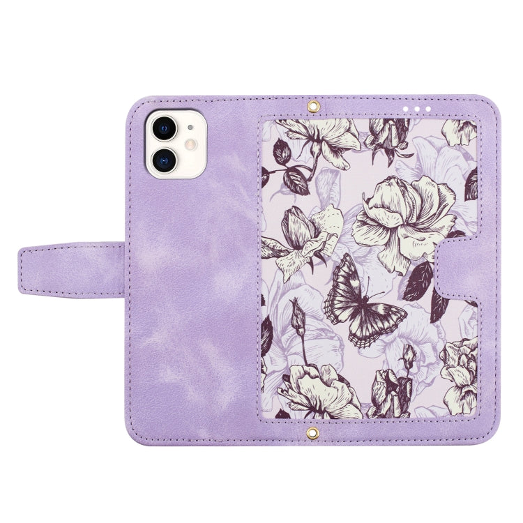 Funda de Cuero Estampado Floral para iPhone 11 con Cordón (Morado Claro)