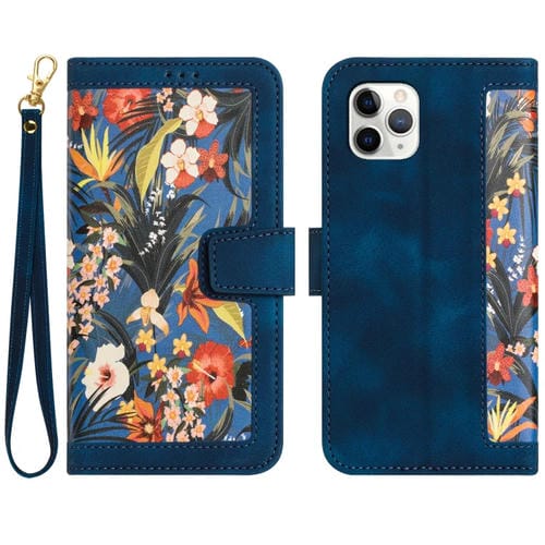 Funda de Cuero para iPhone 11 Pro con Estampado Floral y Cordón (Azul Oscuro)