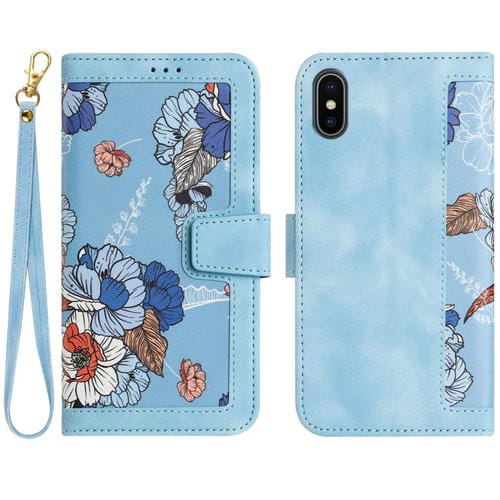 Funda de Cuero para iPhone Xs/X Estampado Floral y Cordón (Azul Claro)