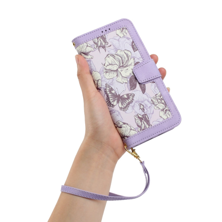 Funda de Cuero para iPhone Xr Estampado Floral con Cordón (Morado Claro)