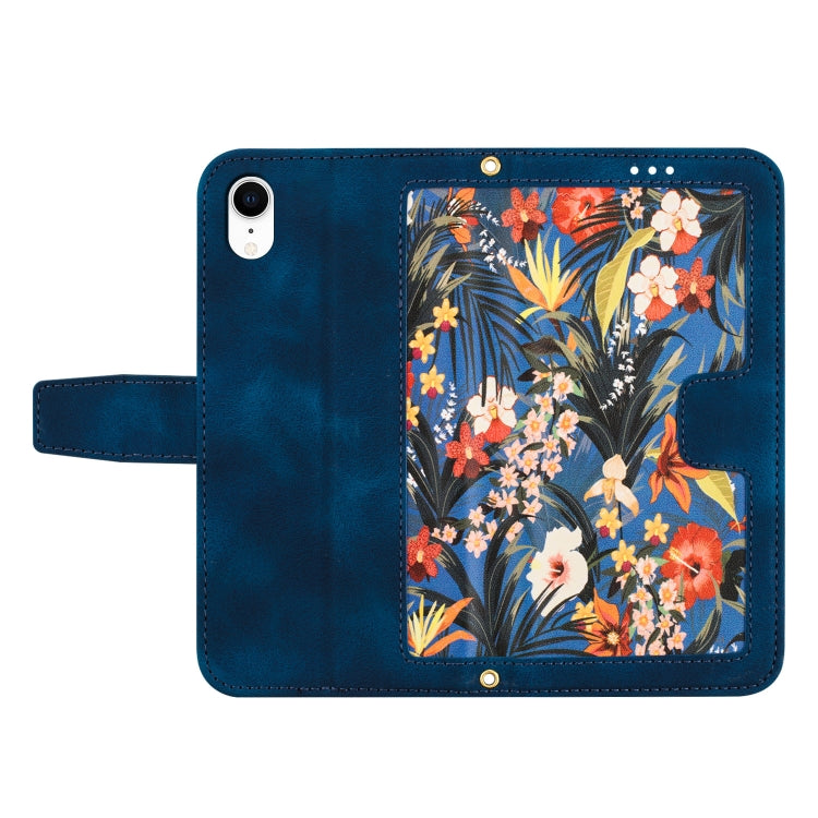 Funda de Cuero con Estampado Floral para iPhone Xr con Cordón (Azul Oscuro)