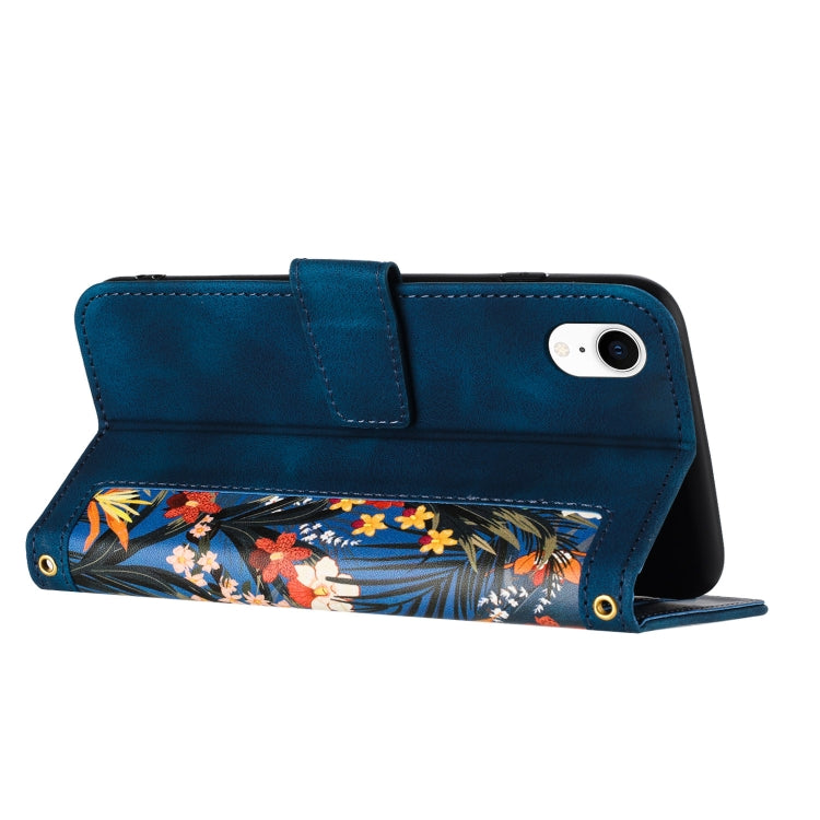 Funda de Cuero con Estampado Floral para iPhone Xr con Cordón (Azul Oscuro)