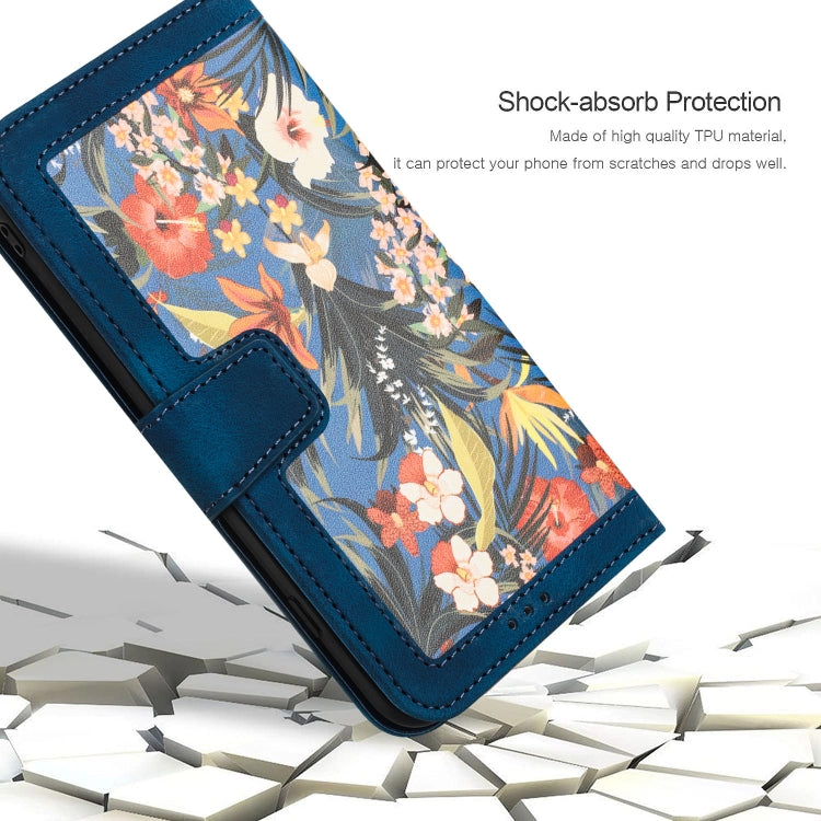 Funda de Cuero con Estampado Floral para iPhone Xr con Cordón (Azul Oscuro)