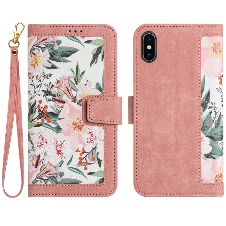 Funda de Cuero para iPhone Xs Max con Estampado Floral y Cordón (Rosa)