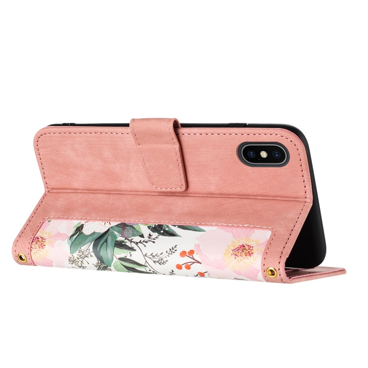 Funda de Cuero para iPhone Xs Max con Estampado Floral y Cordón (Rosa)
