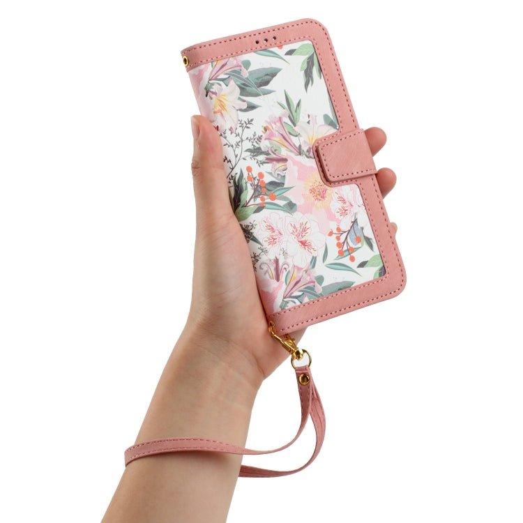 Funda de Cuero para iPhone Xs Max con Estampado Floral y Cordón (Rosa)