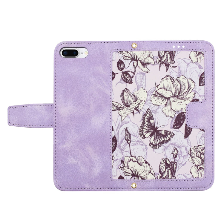 Funda de Cuero para iPhone 8 Plus/7 Plus Estampado Floral con Cordón (Morado Claro)