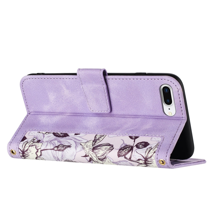 Funda de Cuero para iPhone 8 Plus/7 Plus Estampado Floral con Cordón (Morado Claro)