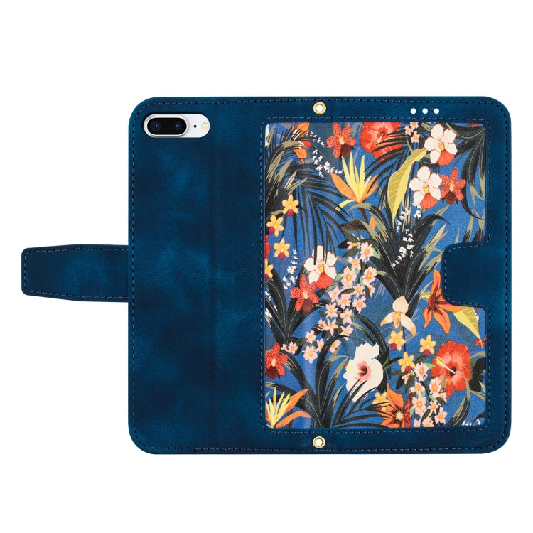 Funda de Cuero para iPhone 8 Plus/7 Plus con Estampado Floral y Cordón (Azul Oscuro)