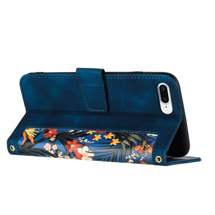 Funda de Cuero para iPhone 8 Plus/7 Plus con Estampado Floral y Cordón (Azul Oscuro)