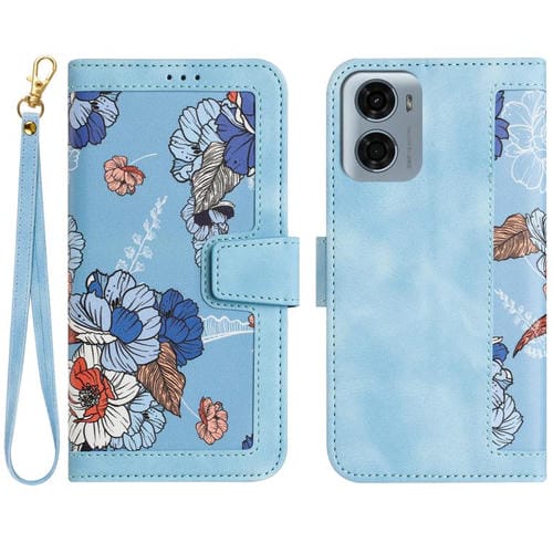 Funda de Cuero Motorola Moto G05 con Estampado Floral y Cordón (Azul Claro)