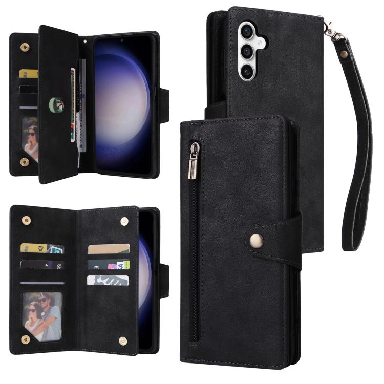 Funda de cuero con tres pliegues y hebilla de remache para Samsung Galaxy S25 FE 5G (negro)