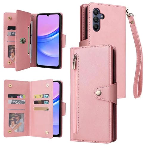 Funda de cuero con tres pliegues y hebilla de remache para Samsung Galaxy A26 5G (oro rosa)