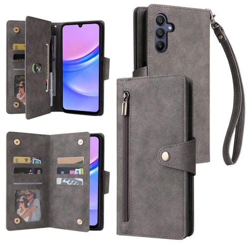 Funda de cuero con tres pliegues y hebilla de remache para Samsung Galaxy A26 5G (gris)
