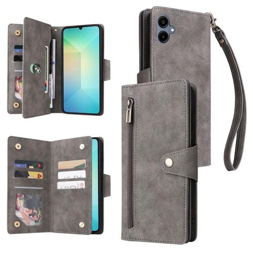 Funda de cuero con tres pliegues y hebilla para Samsung Galaxy A07 4G/5G, con remaches y 9 tarjetas (gris)