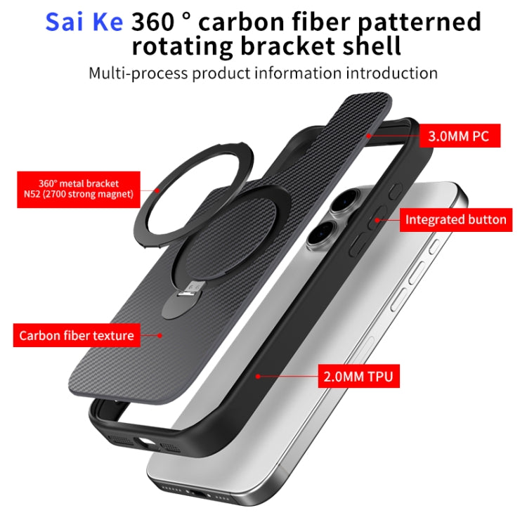 Funda para Teléfono Magsafe 360 con Soporte y Textura Fibra de Carbono para iPhone 14/13 (Gris Titanio)
