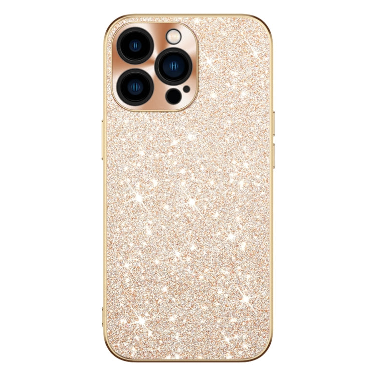 Estuche para Teléfono iPhone 14 Pro Anillo de Lente Textura Cd Diamante Estrellado Galvanizado (Dorado)