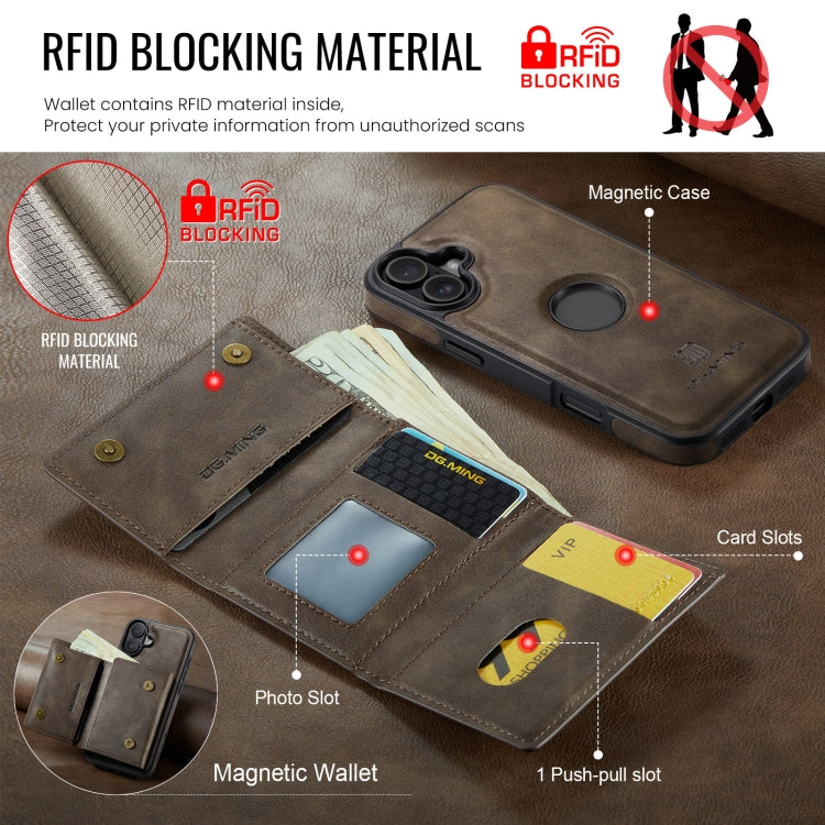 Funda de Cuero Extraíble para iPhone 16 Plus Dg.Ming M6 con Tarjetero Rfid de Tres Pliegues (Café)