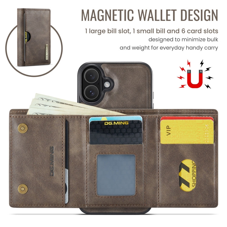 Funda de Cuero Extraíble para iPhone 16 Plus Dg.Ming M6 con Tarjetero Rfid de Tres Pliegues (Café)