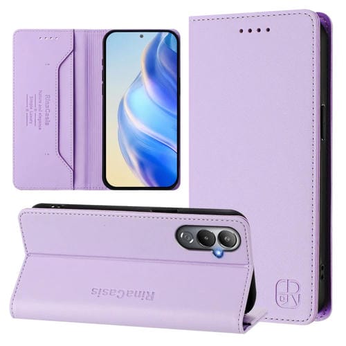 Funda de Cuero Rfid para Tecno Pova 4 Rc01 con Doble Pliegue y Succión Magnética (Morado Claro)