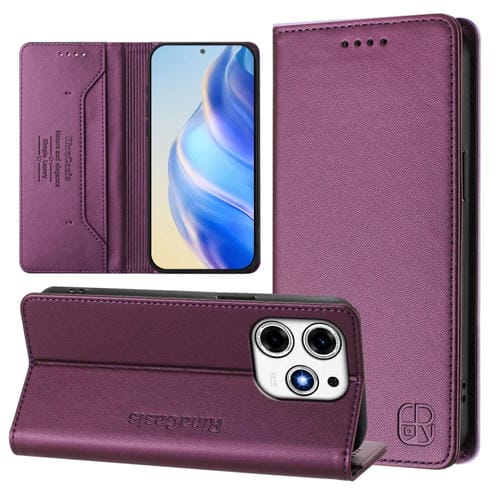 Funda de Cuero Rfid para Tecno Spark 10 Pro Magic Rc01 con Doble Pliegue y Succión Magnética (Violeta)
