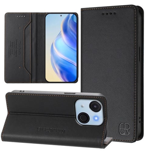 Funda de Cuero Rfid para Teléfono Itel A50C Rc01 con Doble Pliegue y Succión Magnética (Negra)