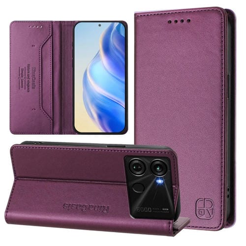 Funda de Cuero Rfid con Doble Pliegue y Succión Magnética para Itel P40 Rc01 (Violeta)