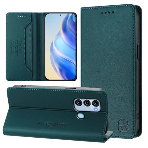 Funda de Cuero Rfid con Doble Pliegue y Succión Magnética para Teléfono Itel S17/S661W/Vision 3 Rc01 (Verde Oscuro)