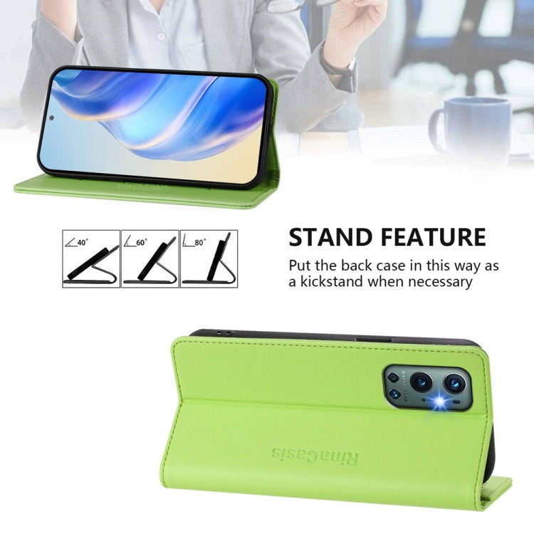 Funda de Cuero con Doble Pliegue y Succión Magnética RFID para OnePlus 9 Pro Rc01 (Verde Hierba)