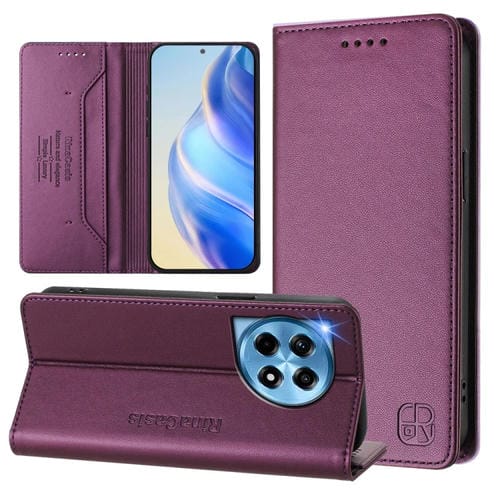 Funda de Cuero con Doble Pliegue y Succión Magnética RFID para OnePlus 12 Global Rc01 (Violeta)