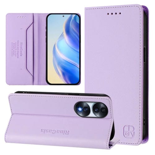 Funda de Cuero Rfid para Honor 70 Rc01 con Doble Pliegue y Succión Magnética (Morado Claro)